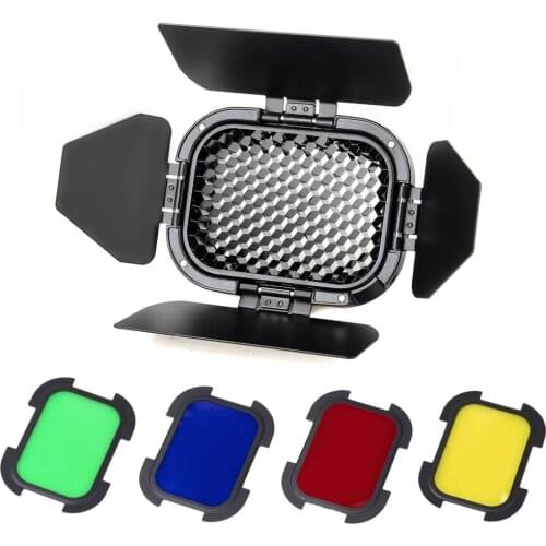 Godox BD-07 Barn Door with Honeycomb Grid and 4 Color Gel Filters (Red Yellow Blue Green) for Godox AD200