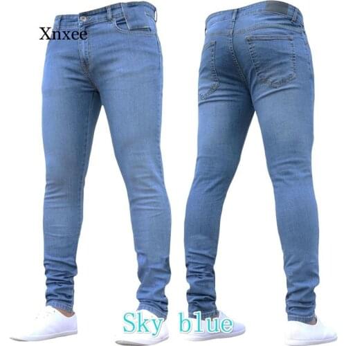Jeans Men Pure Color Denim Cotton Vintage Wash Hip Hop Pencil Pants Work Trousers Pants S-3Xl Size Skinny Stretch Cotton Jeans