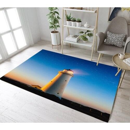 Indoor Bathroom Carpets Childrens Room Floor Cushion Dining Room Area Mat Kitchen Non-Slip Rugs Nightfall Stars Sky Lighthouse