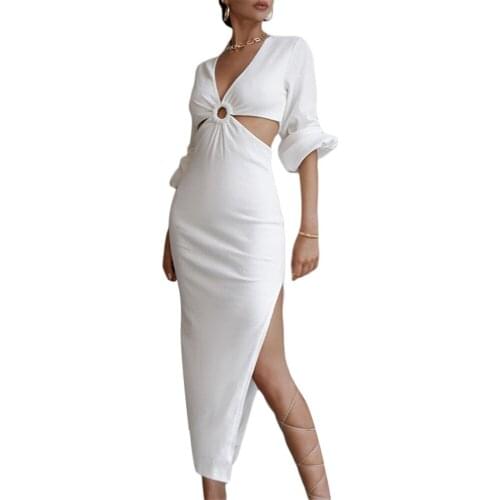 Fashion Women’s Long Sleeve Banquet Dress Fashion Solid Color V-neck Hollow Split Maxi Dress Sexy Ladies Skinny Party Dress New