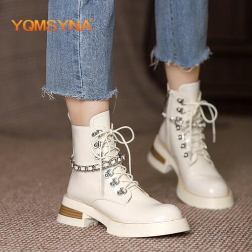 YQMSYNA Fashion Ankle Boots Women Round Toe Metal Chain Zipper Motorcycle Boots Convenient Cross-tied Square Heel Shoes AS331