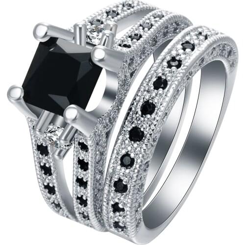 Mens Gorgeous Black Crystal Ring Set Promise Engagement Rings For Women Fashion 10KT White Gold Filled Jewelry