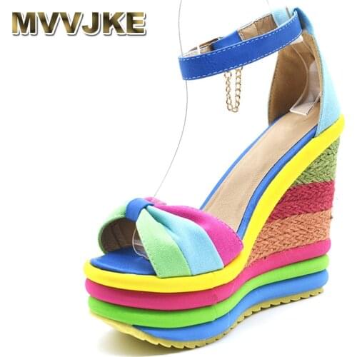 MVVJKE 2018 Summer Sexy Bohemia Rainbow Peep Toe Platform Sandals For Womens Ladies Blue Denim Wedges Sandal