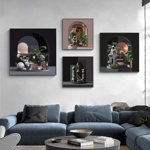 Nodic Creative Astronaut Geometry Abstract Canvas Poster Square Art Printing Wall Pictures for Living Room Bedroom Home Decor
