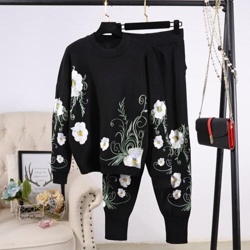 Autumn Casual Two-piece Sets Women Manual Flower embroidery Knitwear Long Pencil pants Long sleeve Knit Tracksuit Outfits Female