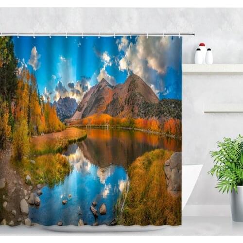 Autumn Mountain Water Landscape Shower Curtain Forest Yellow Leaves Rural Scenery Fabric Bathroom Decor With Hooks Bath Curtains