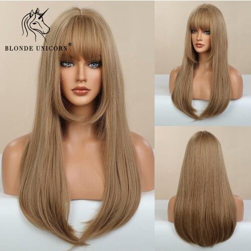 Blonde Unicorn Synthetic Long Straight Dark Brown Ombre Light Blonde Wigs with Middle Part for Women High Temperature Fibre Hair