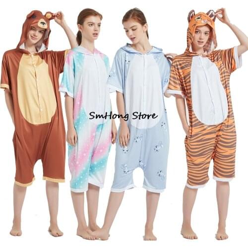 New Summer Woman One Piece Spandex Short Sleeve Kigurumi Unicorn Pajamas Adult One Piece Onesie Sleepwear Animal Pyjamas