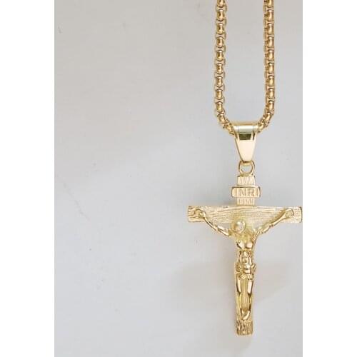 Crucifix Male Gold Color INRI Jesus Cross Pendant Necklace For Men Women Gift Stainless Steel Christian Jewelry Dropshipping