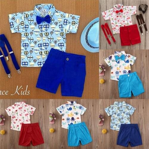 PUDCOCO Toddler Kids Baby Boys Cartoon Print Clothes Shirt Tops Shorts Pants Bow ties Gentleman 3Pcs Outfit 1-5Y