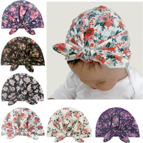 Yundfly Fashion Baby Girls Chic Flower Pattern Hat Newborn Knotted Bowknot Turban Beanies Toddler Hairbows