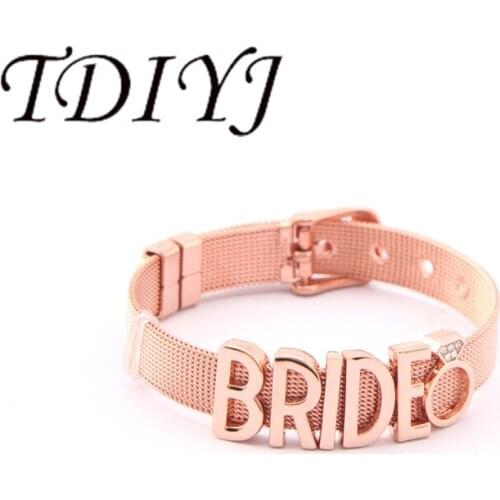 TDIYJ Script Word Bride Wedding Charms Zircon New Collection Mesh Slide Charms Stainless Steel Rose Gold Bracelet 1Set