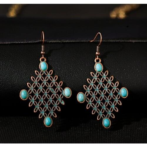 Vintage Retro Rhombus Grid Hollow Geometry Earrings Womens New Boho Bohemian Earrings Tibetan Jewelry