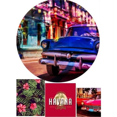 Vintage Car Havana Street Backdrop Hawaiian Night Birthday Party Round Backdrop Cylinder Covers Circle Background Dessert Table