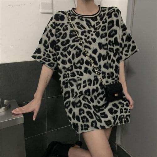 Short Sleeved T Shirt Women Summer Beach Kimono 2021 New Leopard Print Round Neck Korean Trend Oversized Loose Crop Top