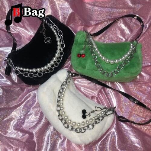 Womens Girl shoulder bag Furry Plush Handbag Harajuku underarm Bag Y2K Millennium Spice Girl messenger Pearl Gothic Lolita bag