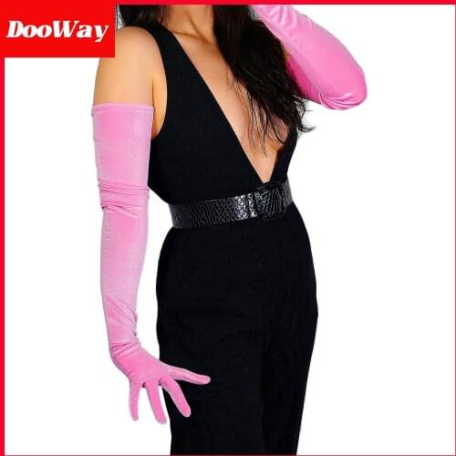 DooWay Super Long Velvet Gloves for Women Opera Evening 20s Party 28inches Cherry Pink