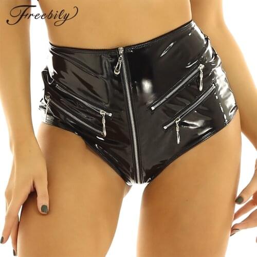 Womens Wetlook Summer Sexy Pole Dance Shorts Leather High-Waisted Front Zip Up Booty Shorts Hot Pants Latex Partties Clubwear