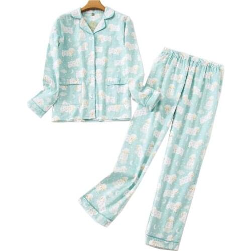 Women Turn-Down Collar Simple Style Pajamas Set Comfort Knitted Cotton Full Sleeve Ladies 2Pcs Plaid Homewear For Winter & Fall