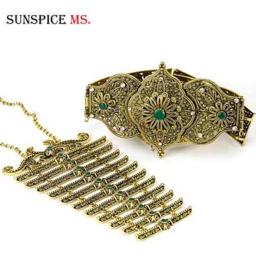 Sunspicems Caucasian Belt Breastplate Sets for Women Wedding Dress Abaya Jewelry Retro Gold Color Red Green Stone Pink Pearl New