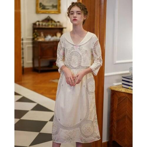 Spring Women Vintage Elegant White Cotton Midi Dress Ladies Retro Limited Edition Antique Handmade Embroidery Crochet Long Dress