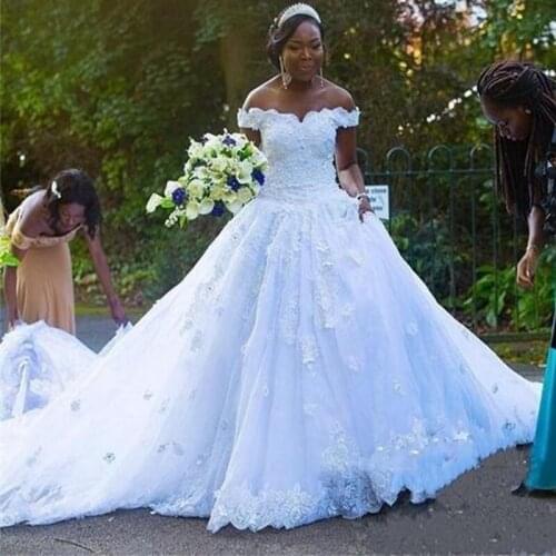 2021 African Country Wedding Dresses A Line Off Shoulder Lace Applique Bridal Gowns Sweep Train Backless Plus Size Wedding Gowns