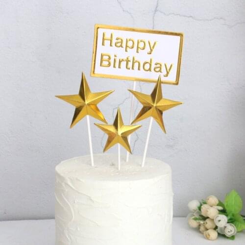 4pcs/set Gold Acrylic Birthday Cake Topper Golden Stars Heart Cake Toppers for Baby Birthday Party Cupcake Decoration