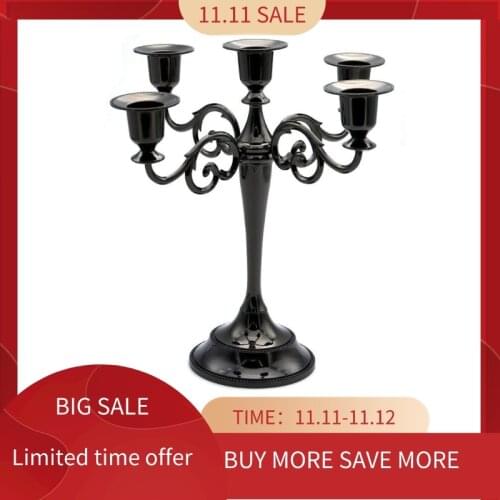 5-Candle Metal Candelabra Tall Candle Holder Wedding Event Candelabra Candle Stand (Black)