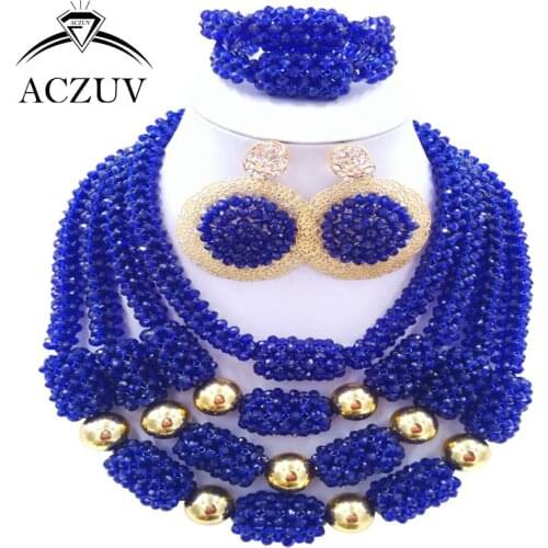 ACZUV Latest Wedding Accessories Bride Jewelry Set Royal Blue Crystal African Beads Nigerian Necklace D4R019