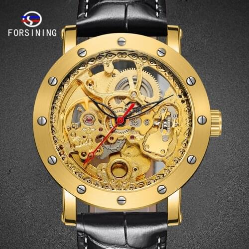 FORSINING Male Watch Black Leather Men Clock Simple Design BusinessMechanical Hand Wind Mans Wristwatch