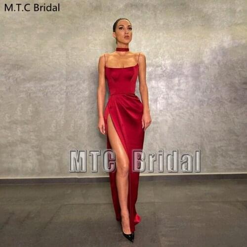 Long Burgundy Prom Dresses Sexy High Slit Sheath Satin Formal Women Dress Cheap Evening Party Gowns Robe De Soiree Customize