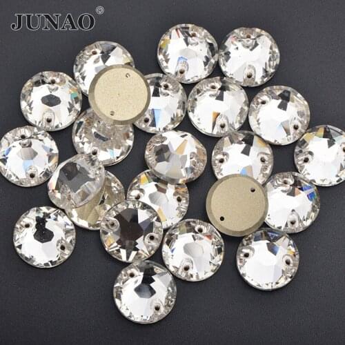 JUNAO 8mm 10mm 12mm Round Clear K9 Glass Crystal Sew On Rhinestones Flat Back Crystal Stone Sewing Strass for Clothes Jewelry