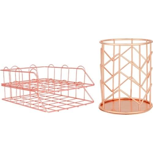3 Pcs Office Supplies: 1 Pcs Pen Holder, & 1 Set Of 2 Metal Stackable File Document Letter Tray Organizer, Rose Gold