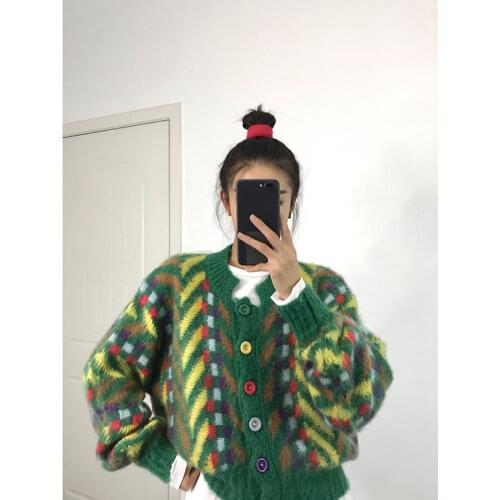 Korobov Japanese O Neck Long Sleeve Oversize Harajuku Cardigans Korean Colorful Button Sweater Vintage Hit Color Sweater