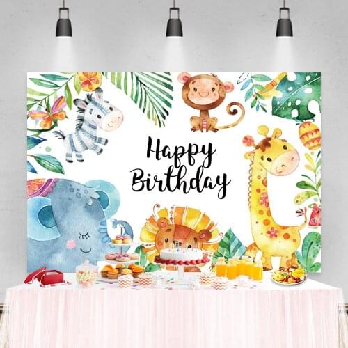 Laeacco Happy Birthday Photocall Tropical Jungle Animals Safari Photography Backgrounds Photographic Backdrops For Photo Studio