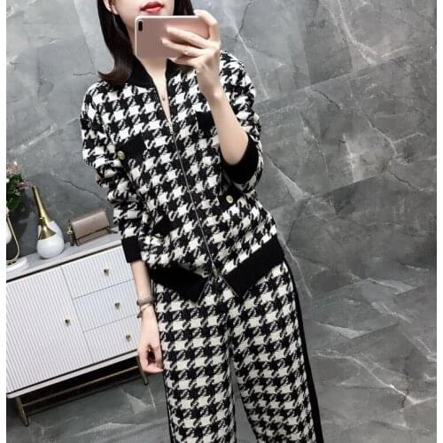 WTIANYUW 2021 New S-L Women Vintage Plover Plaid Zipper Knitted Cardigans +Lante Pants 2 Piece Set Tracksuits Women