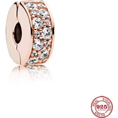 New Original Rose Gold Round White Pave Clip Bead Fit European Pandora Charms Bracelet Bangles Diy Jewelry P090-bai