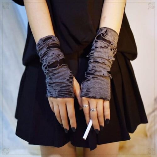 Women Men Punk Goth Fingerless Ripped Holes Gloves Halloween Sexy Black Gloves Hip Pop Clubwear Cosplay Party Arm Warm Cuff