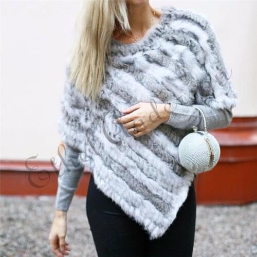 Ethel Anderson Fur Pullover For Women Knitted Genuine Rabbit Fur Poncho Capes Lady Real Fur Knit Wraps Triangle Shawls Jackets