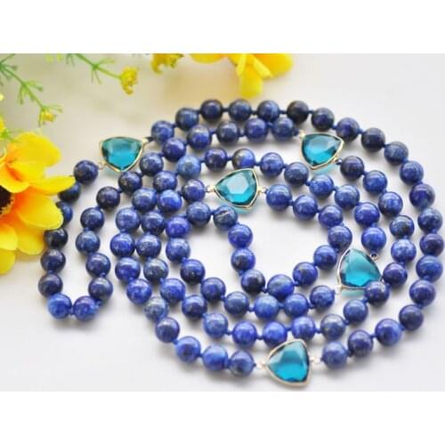 S2436 50" 10mm Blue Round lapis-lazuli Bead Faceted Crystal Necklace