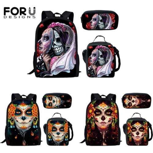 FORUDESIGNS Students Schoolbags Sugar Skull Girls With Flower Printed Girl Bookbag Book Bags Rucksack Knapsack Back To School