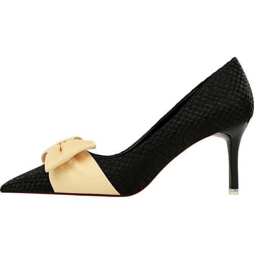Korean fashion sweet high heeled shoes woven womens shoes light mouth pointed color matching bow high heeled single shoes