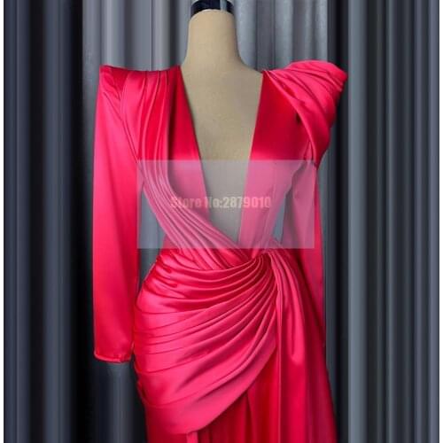 Fuchsia V Neck Mermaid Evening Dress Floor Length Pageant Prom Dress Crystal Beaded Long Sleeves Evening Gowns 2020 Dubai
