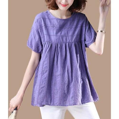 Summer 2019 Women Short Sleeve Embroidered Purple Pleated Loose Cotton Top T Shirt , Womens Female 3xl Embroidery Shirts Blouse