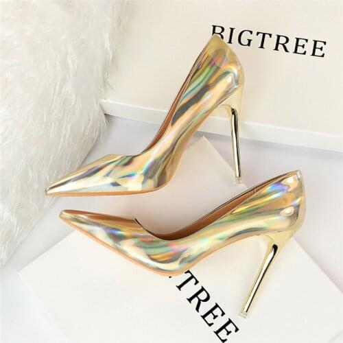 2020 New Women Shoes Designer Reflective High Heels Pumps Stripper Gold Silver Stilettos Wedding Holographic Shoes Big Size 43
