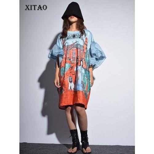 [XITAO] Autumn Korea Fashion New 2018 O-neck Full Sleeve Loose Dress Female Half Sleeve Ruffles Cartoon Above Knee Dress KZH432