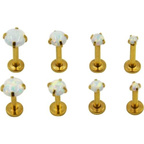 1Pc Prong Setting Flat Snow Fire White Opal Internally Thread Gold Labret Lip Rings Piercing Jewelry Stud Retainer 16g