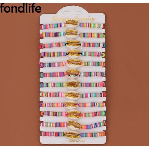 12pcs Alluvial-Gold Cowrie Seashell 6mm Raibow Polymer Clay Tube Beads Adjustable Bracelet Wholesale Cute Colorful Set Jewelry