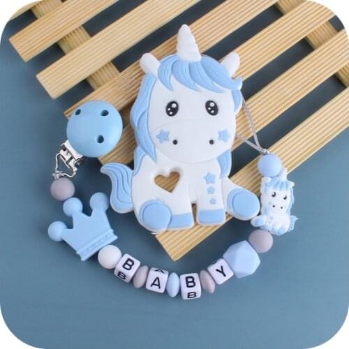2Pcs/set Baby Silicone Teether and Unicorn Animal Teether Chain Pacifier Clips Holder
