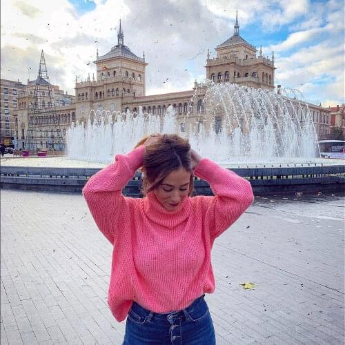 2019 Autumn Womens Minimalist Style Long Batwing Sleeve Turtleneck Pink Pullovers Casual Women Sweaters